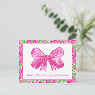 Schattigee Preppy Christmas Pink & Green Bow Feestdagenkaart