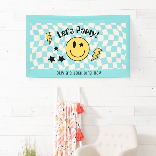 Schattigee Preppy Y2K Retro Pastel Blauwe Verjaard Spandoek (Insitu)