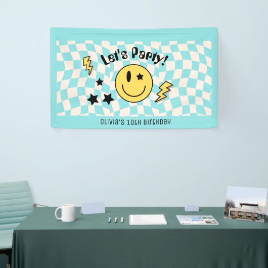 Schattigee Preppy Y2K Retro Pastel Blauwe Verjaard Spandoek (Beurs)