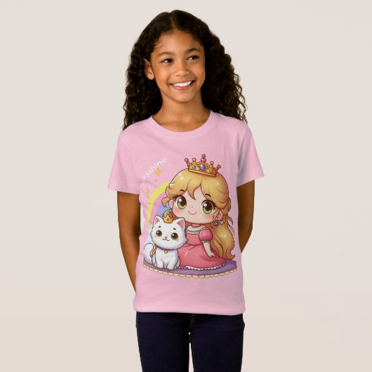 Schattigee prinses met witte kat T-shirt (Voorkant volledig)