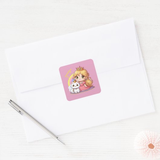  Schattigee prinses met witte kat Vierkante Sticker (Envelop)
