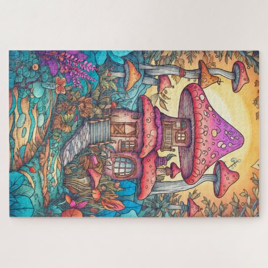 Schattigee Psychedelische Mushroom House Illustrat Legpuzzel (Horizontaal)
