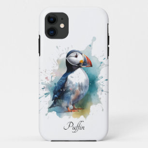 Schattigee puffin in blauwe waterverf, aanpasbaar iPhone 11 hoesje