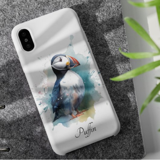Schattigee puffin in blauwe waterverf, aanpasbaar Case-Mate iPhone case