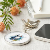 Schattigee puffin in blauwe waterverf, aanpasbaar sleutelhanger (Zijkant)