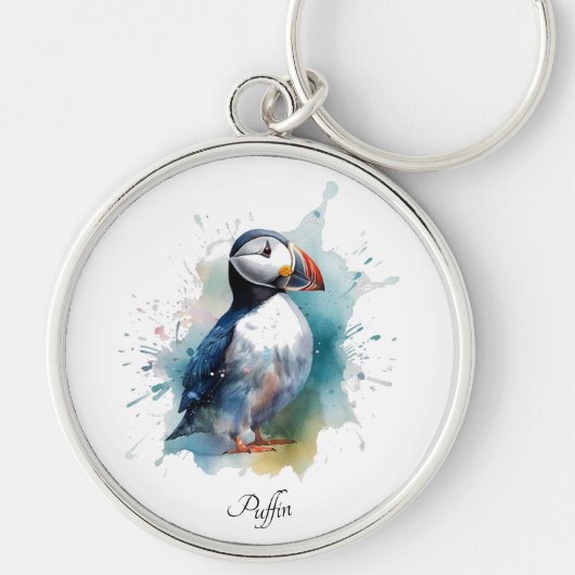 Schattigee puffin in blauwe waterverf, aanpasbaar sleutelhanger (Voorkant)