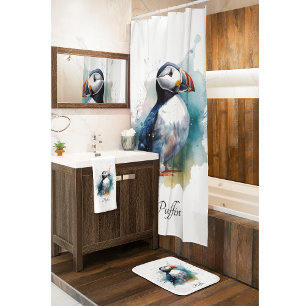 Schattigee puffin in blauwe waterverf badmat