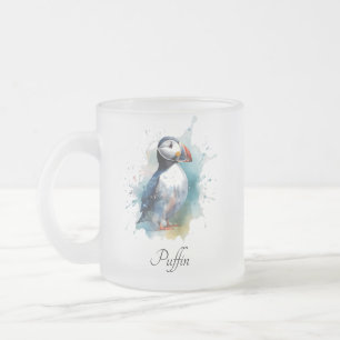Schattigee puffin in blauwe waterverf matglas koffiemok