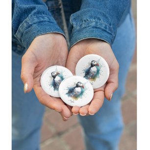 Schattigee puffin in blauwe waterverf ronde button 3,2 cm