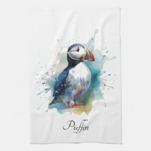 Schattigee puffin in blauwe waterverf theedoek