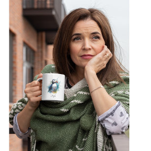 Schattigee puffin in blauwe waterverf tweekleurige koffiemok