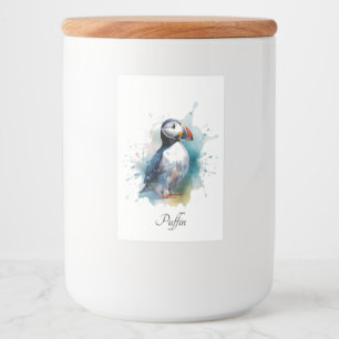 Schattigee puffin in blauwe waterverf voedselcontainer etiket