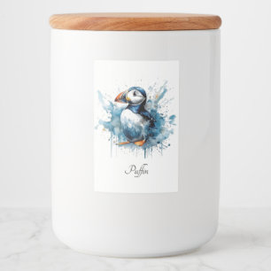 Schattigee puffin in blauwe waterverf voedselcontainer etiket