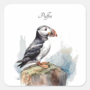 Schattigee Puffin op een rots in waterverf Vierkante Sticker