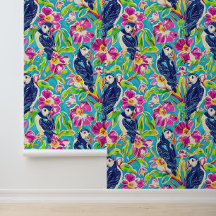 Schattigee puffins met roze bloemetjes behang