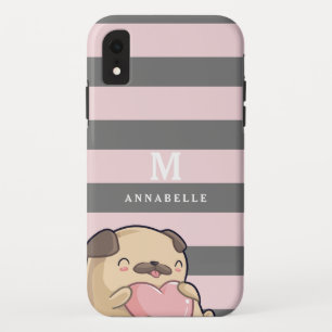 Schattigee Pug Dog Hart & Gestreept Patroon Monogr iPhone XR Hoesje