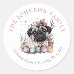 Schattigee pug Pasen waterverf bloemenretour adres Ronde Sticker