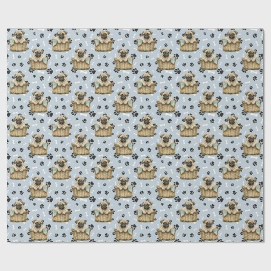 Schattigee Pug Puppy in Basket Paw Print Cadeaupapier (Vlak)
