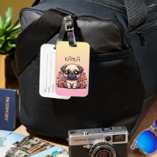 Schattigee Pug Roze en Geel Gepersonaliseerd Bagagelabel