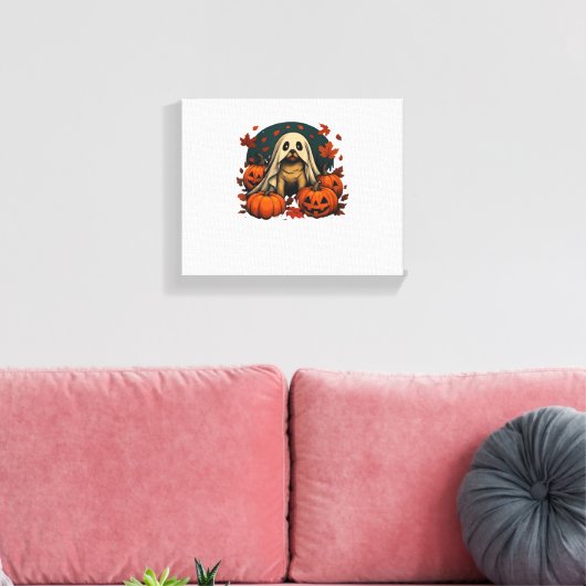 Schattigee Pugdog met pompoenen Herfst Halloween C Canvas Afdruk (Insitu (Woonkamer))