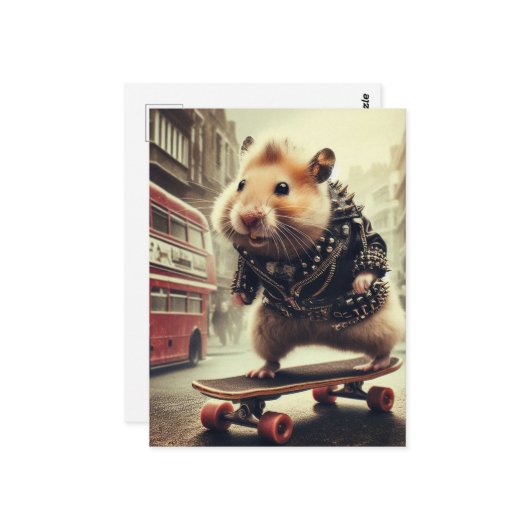 Schattigee Punk Skateboarding Hamster Doubledecker Briefkaart (Voorkant / Achterkant in situ)