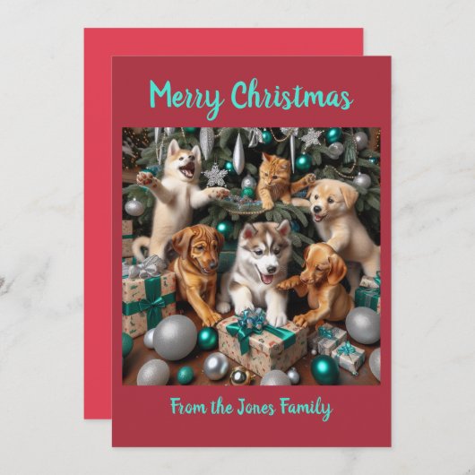 Schattigee Puppies en kitten met kerst Feestdagenkaart (Voorkant / Achterkant)