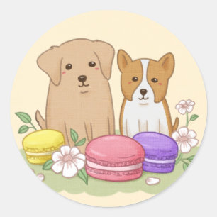 Schattigee Puppies en Macarons Illustratie Kunst Ronde Sticker