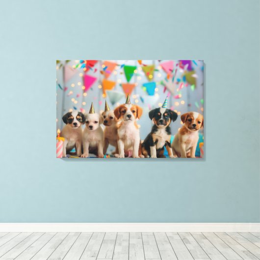 Schattigee Puppies Verjaardagsfeest Celebration De Canvas Afdruk (Insitu (Houten vloer))