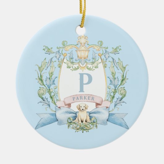 Schattigee Puppy Blue Ribbon Crest | Baby jongen Keramisch Ornament (Voorkant)