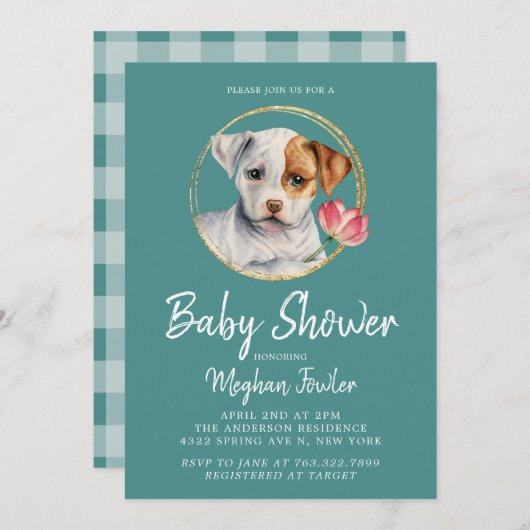 Schattigee Puppy Dog Baby shower Waterverf Uitnodi Kaart (Voorkant / Achterkant)