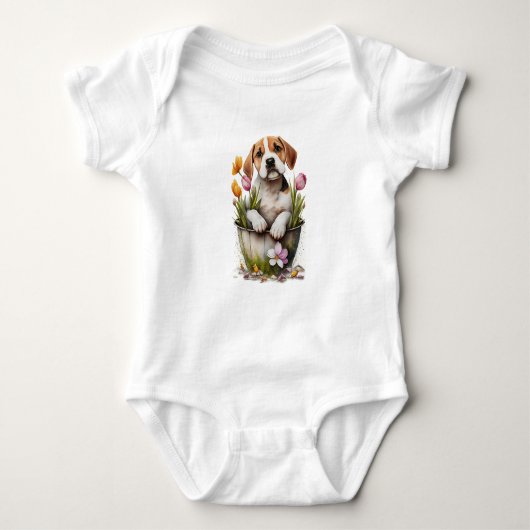 Schattigee Puppy Dog in Bloempot Romper (Voorkant)