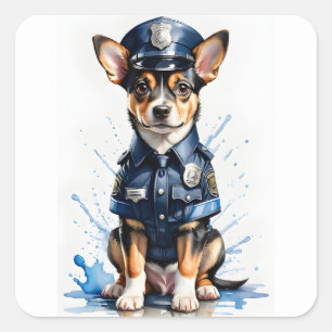 Schattigee Puppy Dog in Politie Uniform Waterverf Vierkante Sticker