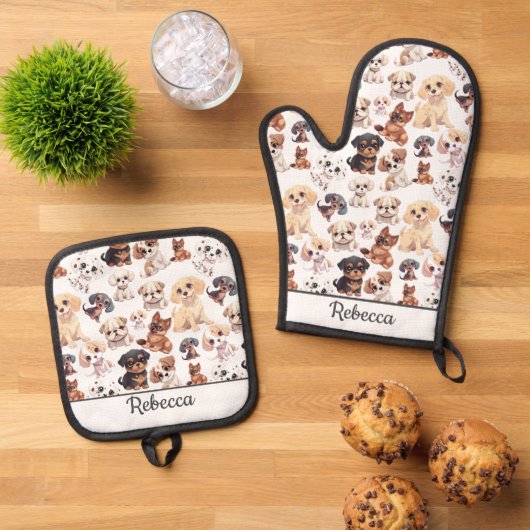 Schattigee Puppy Dog Pattern Naam Ovenwant & Pannenlap Set (Top down)