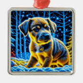 Schattigee Puppy Dog Spelen in Sneeuw Kerstmis Metalen Ornament (Voorkant)