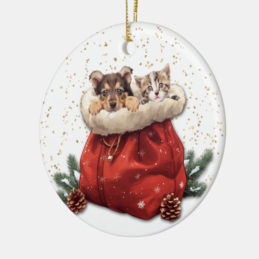 Schattigee Puppy en Kat Kerstcadeau Tas Keramisch Ornament (Links)