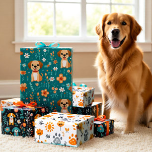 Schattigee Puppy Flowers set van 3 Inpakpapier Vel