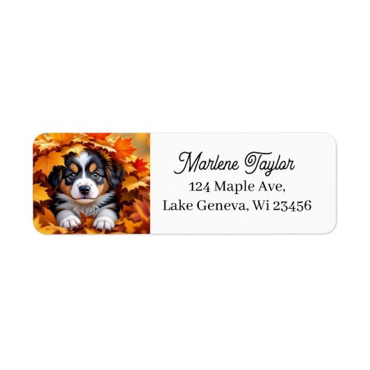 Schattigee puppy hond in herfstbladeren etiket (Voorkant)