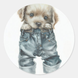 Schattigee puppy in jeans kunst ronde sticker