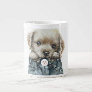Schattigee puppy in jeans kunstmonogram extra grote beker
