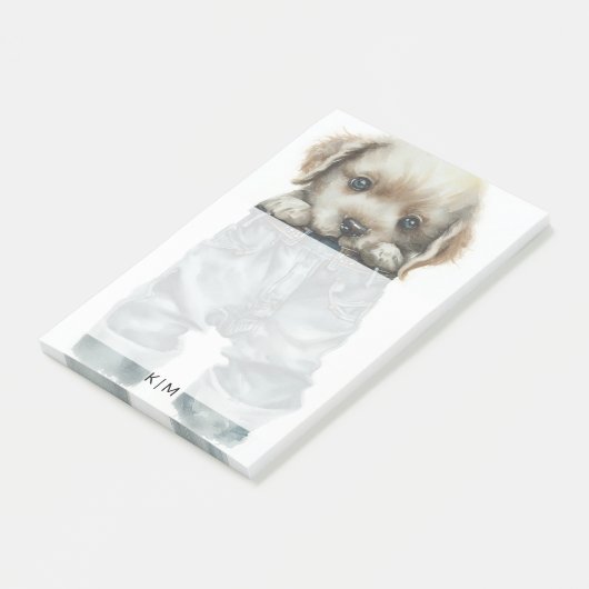 Schattigee puppy in jeans kunstmonogram post-it® notes (Schuin)