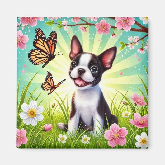 Schattigee puppy met bloemen en vlinders magneet (Voorkant)