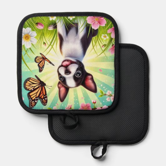 Schattigee puppy met bloemen en vlinders pannenlap (Voorkant / Achterkant)