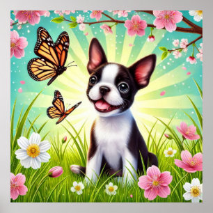 Schattigee puppy met bloemen en vlinders poster