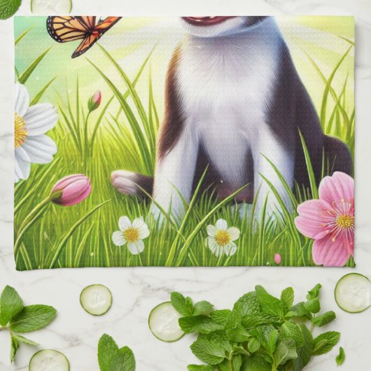 Schattigee puppy met bloemen en vlinders theedoek (Gevouwen)