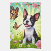 Schattigee puppy met bloemen en vlinders theedoek (Verticaal)