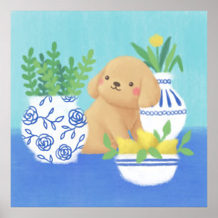 Schattigee puppy met Planten, citroenen en bloemen Poster