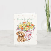 Schattigee puppy met pot bloemen lieve verjaardag kaart (Voorkant)