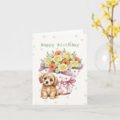 Schattigee puppy met pot bloemen lieve verjaardag kaart (Gele Bloem)