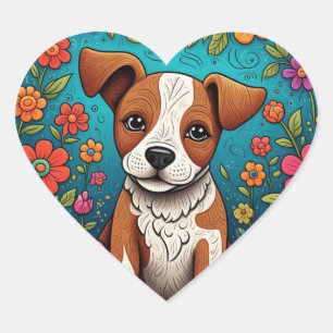 Schattigee Puppy met Whimsical Folk Art Flowers Hart Sticker