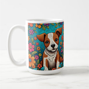 Schattigee Puppy met Whimsical Folk Art Flowers Koffiemok
